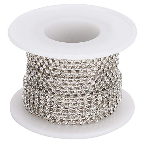 Rhinestones Chain 10 Yards Trimming Claw Chain SS6 Crystal Beads String Roll with Silver or Gold Bottom for DIY Crafts and Decorations(White Diamonds On Silver Base)