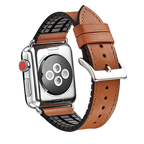 WFEAGL Compatible iWatch Band 38 40mm,Top Grain Leather and Nature Rubber Hybrid Sweatproof Band for iWatch Series4,Series 3,Series 2,Series 1,Sport (38mm 40mm Brown Hybrid Band)