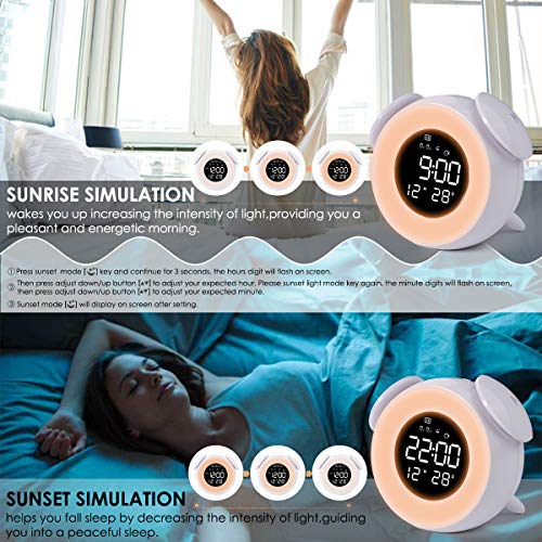 HOMVILLA Reloj Despertador, Despertador Infantil para Alarmas Dobles Luz de Despertador Luz de Noche Lámpara de Mesilla de Noche con Función de Control Táctil de Repetición 25 Sonidos Naturales Clock