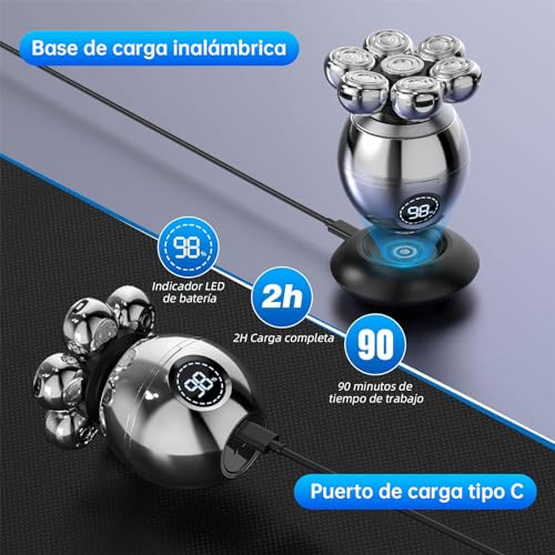 Men's Head Shaver, 5 in 1 Shaver Head with 7 Rotary Heads and LED Display, Men's Head Shaver in Dry and Wet to Water with Wireless Charging and Type C Charging Cable