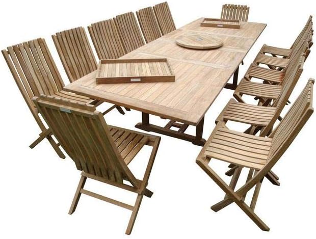 Windsor's Premium Grade A Teak 118"x40" Rectangular Double Extension Table w/14 Java Folding Chairs w/Lumbar Support Back, 5 Yr Wrty, World's Best Outdoor Furniture! Teak Lasts A Lifetime!