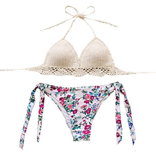 Rubylong Women's Handmade Crochet Bikinis Brazilian Push Up Printing Padded Swimsuit,Bj3072,L(US Size 6-8)