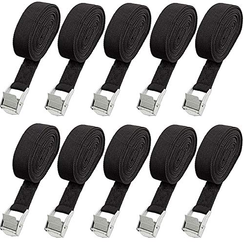 paquete de 10 correas de amarre de 16 pies x 1 pulgada, color negro con hebilla de leva resistente, correas de amarre para kayak, hasta 600 libras para camión, kayak, barco