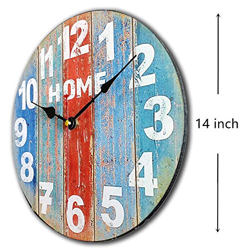 Vintage Wooden Round Wall Clock,Shabby Chic Wood Farmhouse Silent Clock,Rustic Decorative Hanging Clocks, for for The Living Room, Kitchen, Bedroom, Non-Ticking (14 inch)