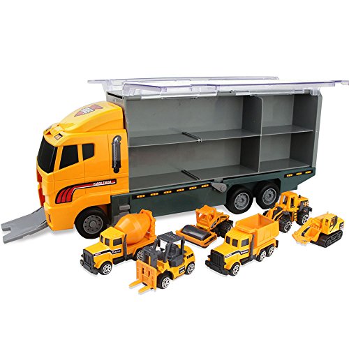 Jenilily Construction Truck Vehicle Container Car Toy Set Trucks Excavator Cement Truck Dumper Bulldozer Forklift Road Roller for Children Kids (7 in 1)