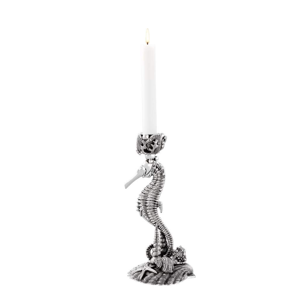 Silver Seahorse Pillar Candle Holder | EICHHOLTZ LA MER | Antique Silver Seahorse Metal Candlestick