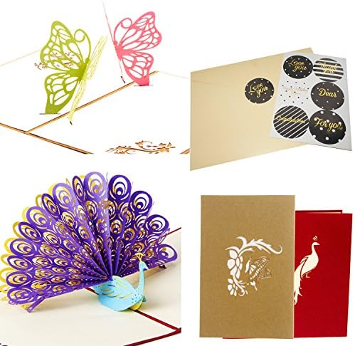 Pop Up Birthday Cards, 2 Pack Personalized 3D Card for Mother's Day, Anniversary, Wedding, Engagements, Wife, Mom, Girlfriend, Sister, with Envelope and Thanks You Stickers (Butterfly & Peacock)