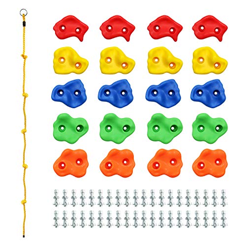 Rainbow Craft DIY Monkey Rock Climbing Holds Set Buddles of 20Pc with 2Pc Handles and 8Ft Knotted Rope for Kids Outdoor Play Includes Mounting Screws and Hooks