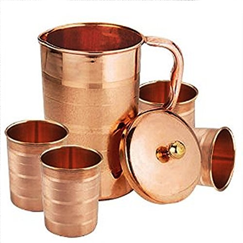 Pure copper pitcher Ayurveda Copper Jug with lid Copper water pitcher Copper water Jug Copper pitcher set| Copper pitcher with glass Copper jug Set Jug and glass Copper jug Indian (LUXRY SET)
