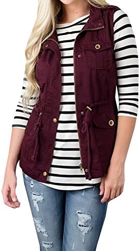 Women's Sleeveless Lightweight Pure Color Vest Jacket with Zipper &amp; Button &amp; Drawstring &amp; Pockets (S, Dark Red)