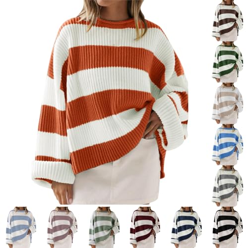 Jumpers for Women UK Colour Block Striped Knitted Sweaters Oversized Flare-Sleeve Crew Neck Pullover Fall Winter Casual Tops