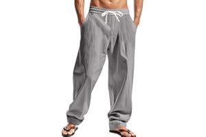 TAFLE Mens Linen Pants Casual Summer Beach Pants Elastic Waist Drawstring Lightweight Vacation Trousers with Pockets