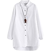 Minibee Women's Cotton Shirts Tunics Hi Low Tops Boyfriend Button Down Blouse