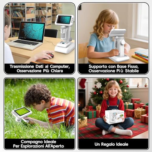 Charmofun Children's Microscope, Digital Microscope with 64GB Memory Card, Portable Microscopios for Children with 4 Inch LCD Screen, 1600X Magnification, Photo and Video, Portable and Fixed Function