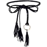 CRASPIRE Women Boho Braided Waist Belt Tassel Rope Belts Tie Skinny Black Leather Handmade Weaving Long Macrame Thin Decorative Chain Knotted with Ring for Lady Dresses Clothes Outfit Skirts Wrap