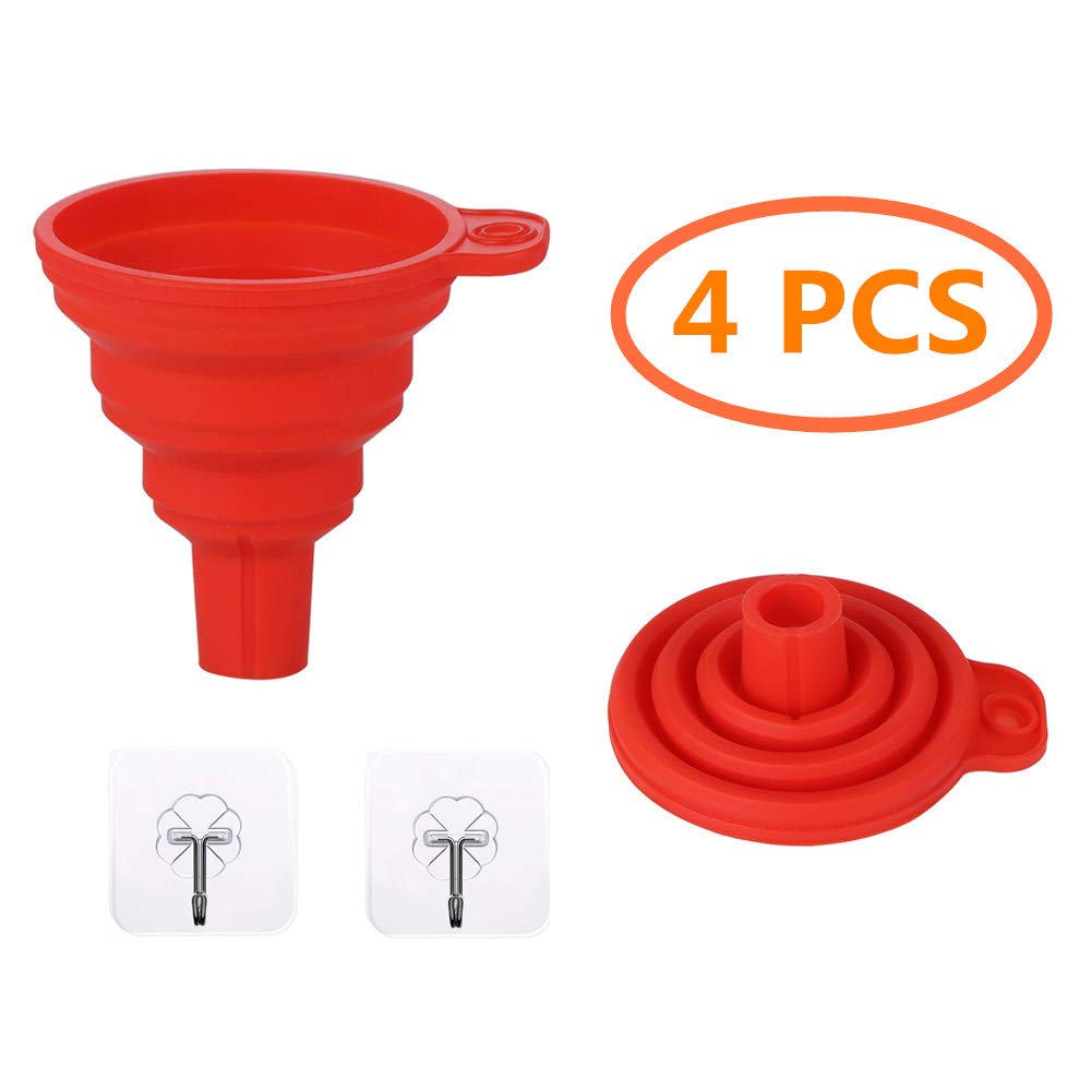 4 pcs Silicone Foldable Funnel Set for Kitchen Liquid Transfer, collapsible, 100% BPA-Free with 2 Funnels & 2 Wall Hooks