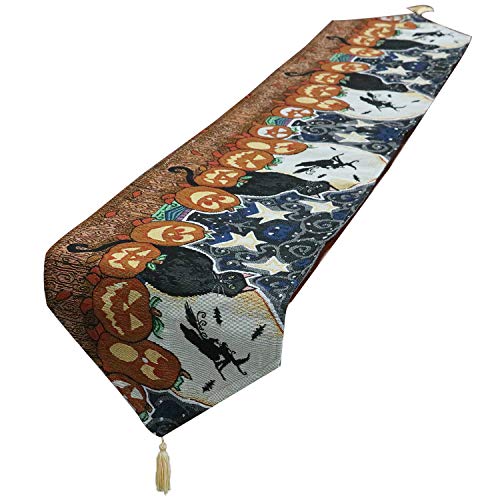 LOCOLO Halloween Table Runner with Tassels and 6 Pcs Place Mats, Washable Tablecloths Sets for Halloween Party, Dinner Parties and Home Decorations