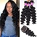 Ugrace Hair Bundles with Closure Loose Deep Wave with Closure Human Virgin Hair Bundles with Lace Closure with Baby Hair Full and Thick Brazilian Hair with Closure 12/14/16+12 Inch Free Part