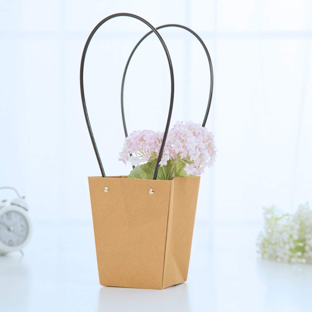 10Pcs Kraft Paper Flower Gift Bags Waterproof Bouquet Carrier Bags Box with Handle Brown Paper Tote Bags for Valentine's Day Fresh Flower Plant Gift, Floral Arrangement, Birthday Wedding Party Favors