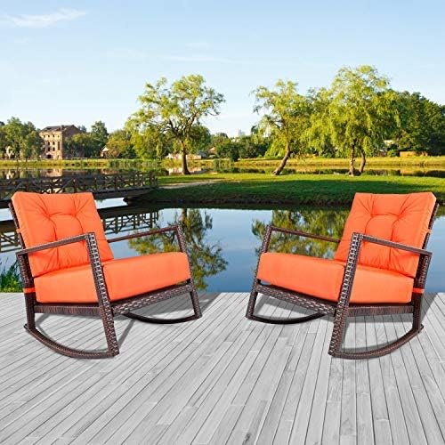 Incbruce Outdoor Wicker Rocking Chair 2 Piece with Orange Cushions, Metal Frame PE Rattan Patio Chair Furniture Sets Perfect for Pool, Front Porch, Balcony, Garden, Backyard