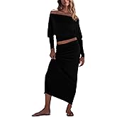 UNIANKIYA 2 Piece Skirt Sets For Women Size XS-L Casual Off Shoulder Batwing Long Sleeve Tops and Maxi Skirt Vacation Outfits