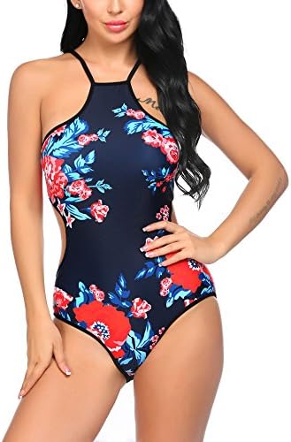 Imposes Women One Piece Swimsuit, Halter High Neck Floral Bathing Suit Monokini Swimsuit XS-XXL