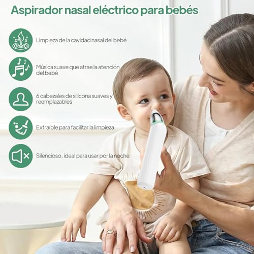 Aspirador Nasal para Bebés, Saca Mocos para bebe con 6 Niveles de Succión Ajustables, 6 Cabezales de Silicona, Extractor de Mocos para Bebe con Música y Carga USB, Incluye Kit de Cortaúñas para Bebé