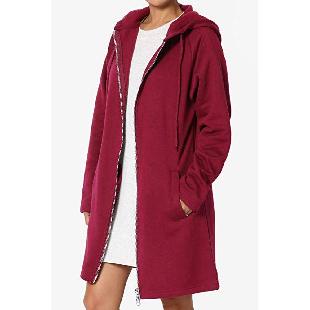 RedBrowm-women Jacket Winter Classic Warm Zip Coat Long Hoodie Loose Sport Outwear