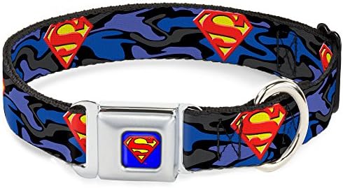 Buckle Down Seatbelt Buckle Dog Collar - Superman Shield Camo Blue - 1" Wide - Fits 9-15" Neck - Small