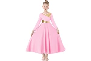 TLMNU Girls Praise Dance Dress Metallic Gold Liturgical Worship Church Robe Full Length Swing Lyrical Costume