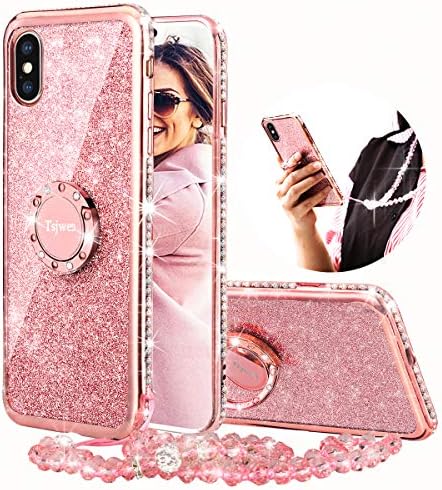 iPhone Xs Max Case for Girl, Tsjwee Cute Girly Glitter Bling Diamond Rhinestone Bumper with Ring Kickstand Pearls lanyard Necklace Sparkly Protective Phone Case for iPhone Xs Max [6.5 inch] 2018 -Pink