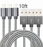 M.owstoni iPhone Charger Charging Cable 3 pack Lightening Cable 10FT iPhone Cable USB Sync & Charging Cord for iPhone 7 Plus 7 6S Plus 6 Plus SE 5S 5C 5, iPad 2 3 4 Mini, iPad Pro Air, iPod.(Grey)