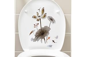 PALEERY@FC Ink Lotus Koi Toilet Cover Sticker Decals,Srping Flower Leaf Fish Waterproof Toilet Lid Tank Seat Decals Cistern Self-Adhesive Bathroom Wall Sticker