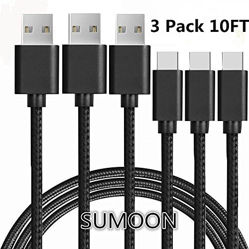 SUMOON Type C Cable,3 Pack 10FT Nylon Braided USB Type C to Type A Cable for Galaxy Note 8/S8/S8 Plus, Google Pixel XL, Nexus 6p/5X, LG G6/G5/V30, HTC 10,OnePlus 5/3T and More (3x10FT-Black)