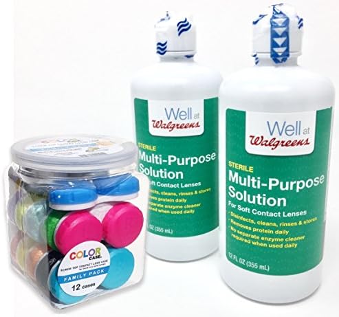Walgreens Contact Lens Solution for Soft Contact Lenses, Multi-Purpose, 12oz Pack of 2, AND, Contact Lens Cases, Color Case, (Pack of 12)