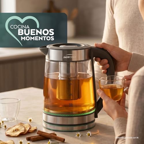 JadeCook | Tetera Eléctrica Hervidor de Agua con Infusor Jade Electro| Jarra de Vidrio de 1.7 Litros | Potencia de 1000w | Base Giratoria | Ideal para Café, Té