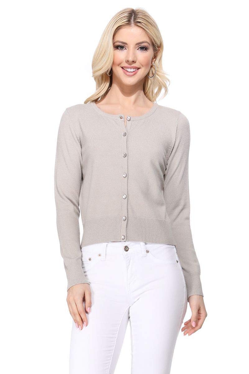 YEMAK Women's Long Sleeve Crewneck Cropped Button Down Cardigan Sweater Mk5502 White M