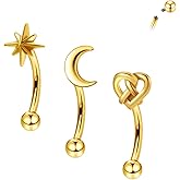 ALACLO 3Pcs Eyebrow Rings, 16G Threaded Gold Rook Earrings Piercing Jewelry for Women Men 316L Stainless Steel Lip Labret Barbells Ring