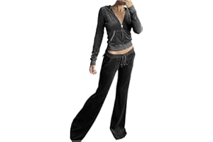 Women's 2 Piece Velour Tracksuits Long Sleeve Zipper Hoodie Cropped Jacket and Wide Leg Sweatpants Y2K Sweatsuit Set