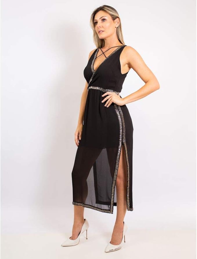 vestido preto longuete de chiffon