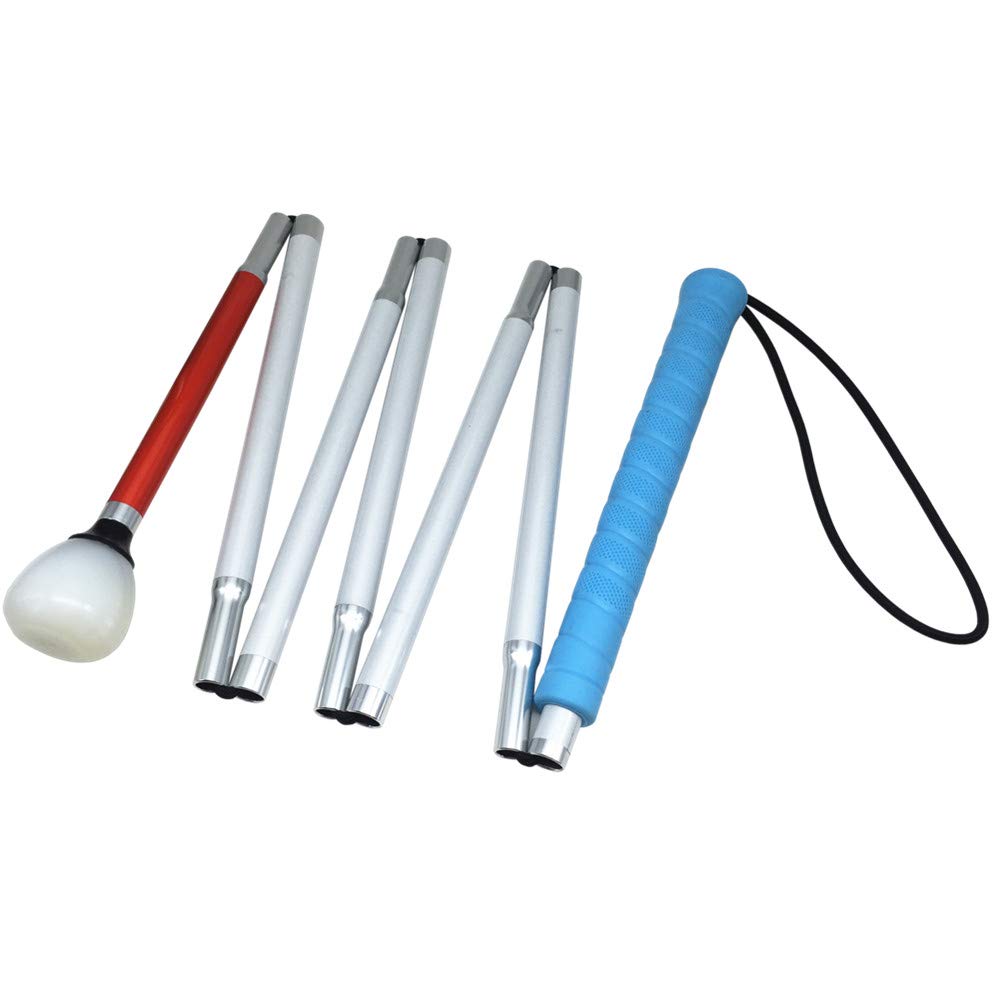 7-Section Aluminum Blind Cane,Reflective White and Red, Folding Walking Stick for Blind People (125cm (49.2 inch), Blue Handle)