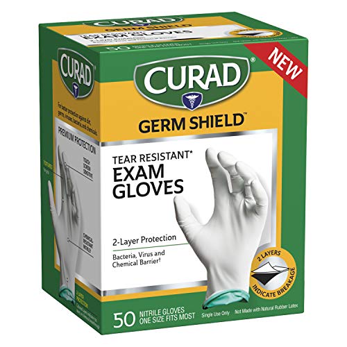 image for CURAD Germ Shield Nitrile Exam Gloves, Disposable Gloves are Tear Resi