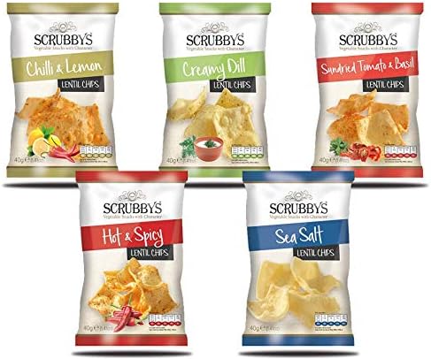 Scrubbys Vegetable Healthy Snacks Lentil Chips Multipack Crisps Selection. 5 x 40g Bags - Chilli & Lemon, Creamy Dill, Sundried Tomato & Basil, Hot & Spicy and Sea Salt