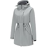 poonyfesh Women’s Softshell Jacket Lightweight Long Rain Coat Hooded Waterproof Windproof Fleece Lined Insulated Windbreaker