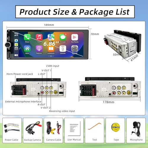 1 DIN Stereo with Screen, 6.86 Inch Touchscreen Car Radio Carplay 1 Din, Car Play Radio Supports Mirror Link with Rear Camera, Support Type-C Charging/USB/Mic/EQ/SWC
