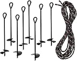 Ashman Black Ground Anchor (8 Pack) 15 Inches in Length and 10MM Thick in Diameter with 25 Feet of Rope