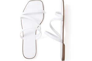 LACUONE Strappy Flat Sandals For Women Slip On Square Open Toe Slides Sandals