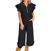 KevaMolly Womens Lounge Sets Textured Ruffled Sleeve Zipped Top and Wide Leg Pants Set Daily Two Piece Sets