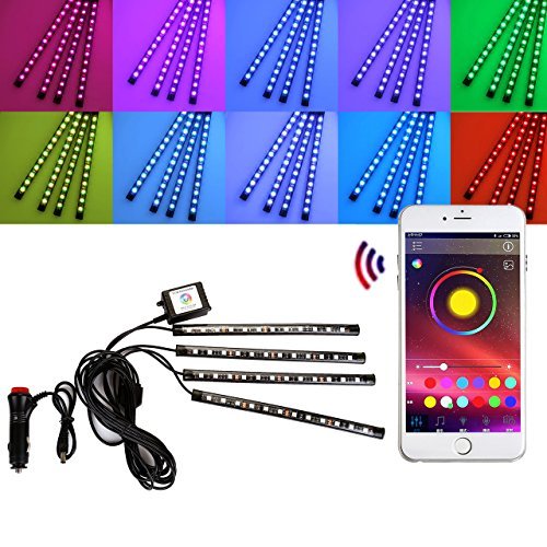 Graceme Car Interior Mood RGB Led String Lights APP Bluetooth Sound Control 4-Strap 12-LED