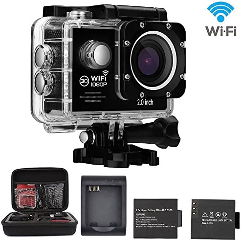 Sports Camera, 14MP 2.0 Inch 1080P Waterproof WIFI Action Camera 170 Degree Ultra Wide Angel Fish Eye Lens With 2 batteries and Camera Bag .(Black)